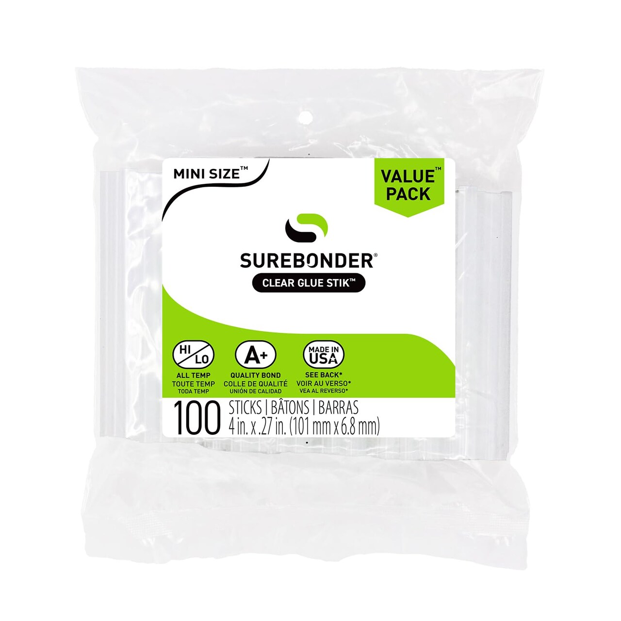 DT-100 Made in the USA All Purpose Stik-Mini Glue Sticks-All Temperature-5/16"D, 4"L Hot Melt Glue Sticks-100 Sticks per bag, Clear